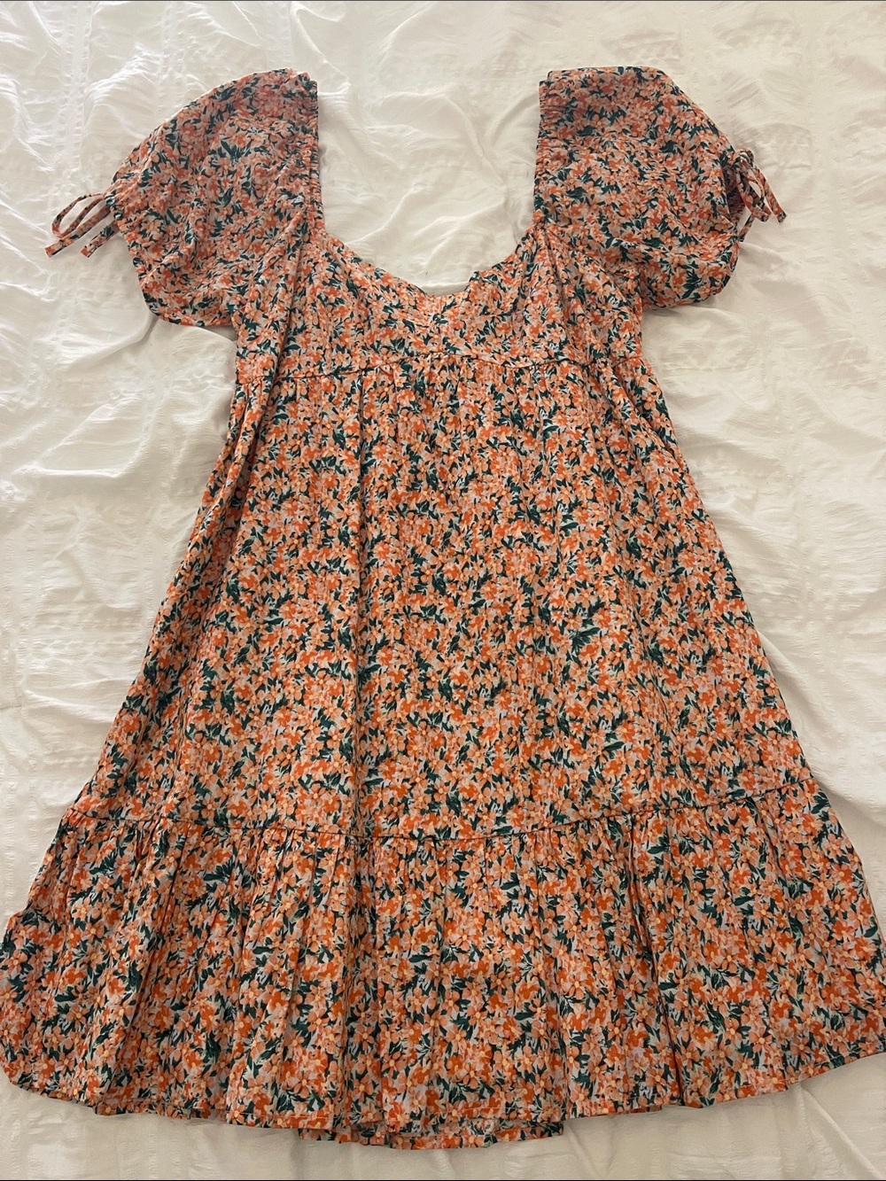 Floral Puff Sleeve Square Neck Dress in Peach & Green